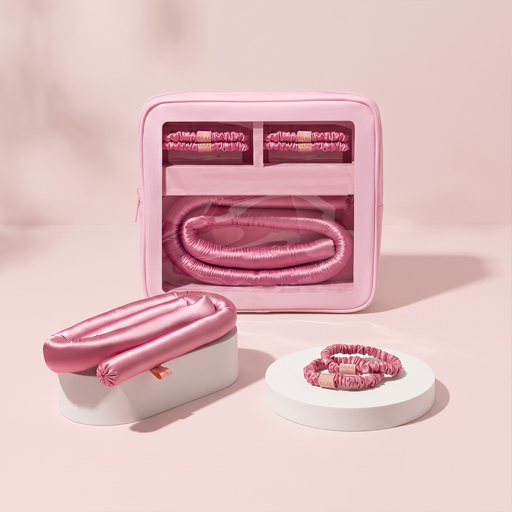 Pink silk heatless curling rod set with travel pouch