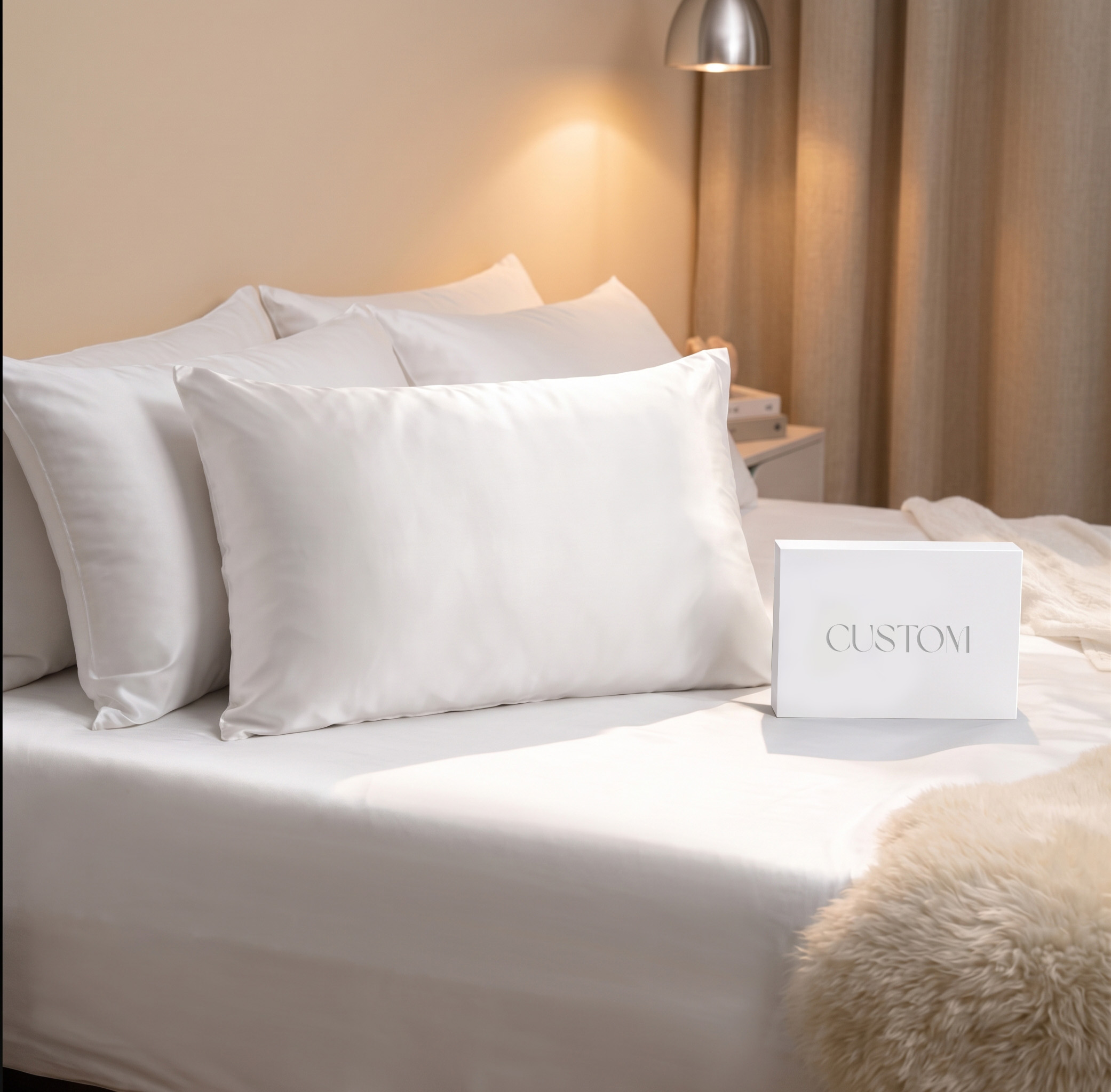 Luxury white mulberry silk pillowcase and bedding set in modern bedroom setup