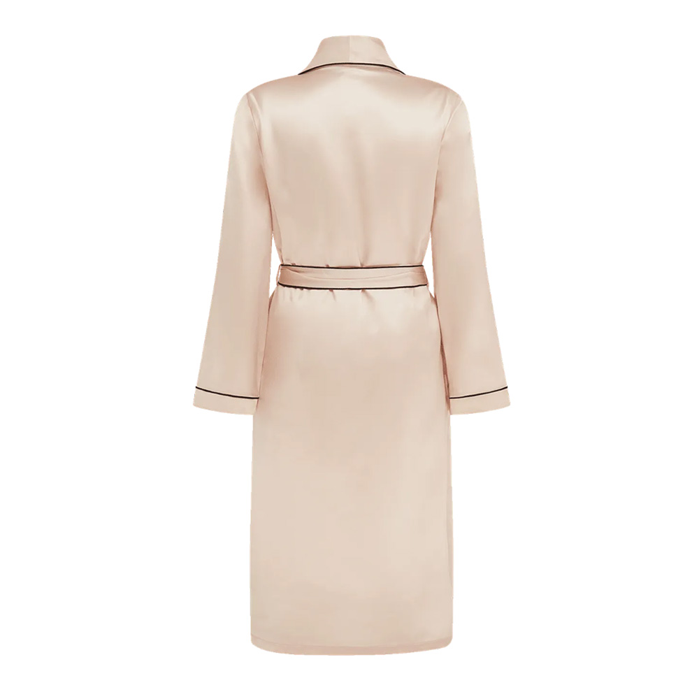 Back view of champagne silk bathrobe with contrast piping